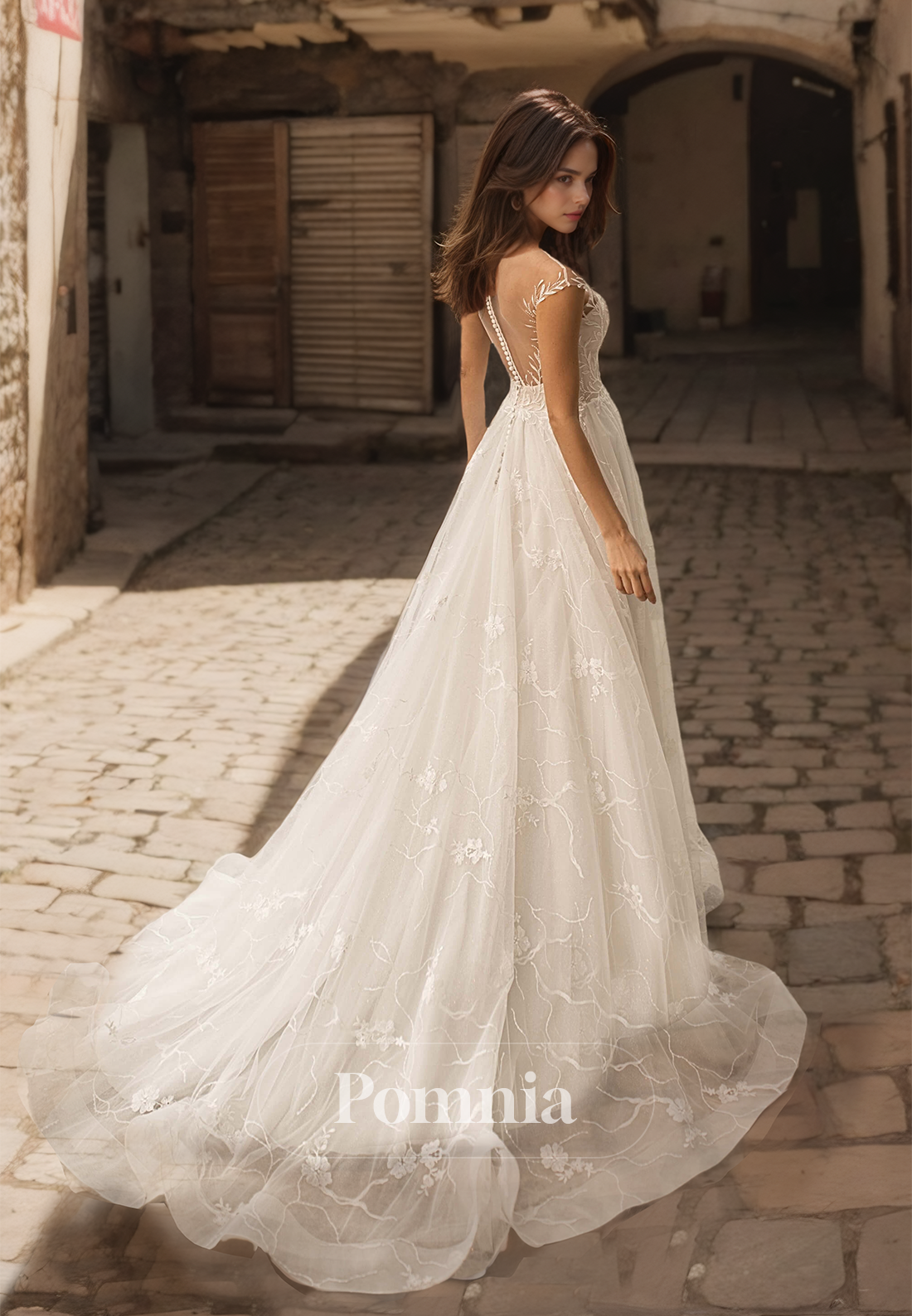 A-Line Scoop Cap Sleeves Illusion Court Train Corset Tulle Lace Wedding Dress