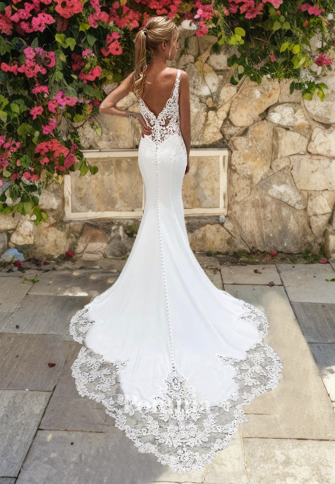 Spaghetti Straps V-Neck Court Train Lace Corset Boho Wedding Dress