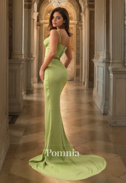 Light Green  Spaghetti Straps Sweep Train Formal Prom Dress with Side Slit Sheath Party Dress