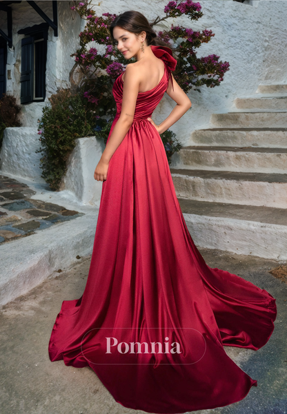 Burgundy One Shoulder Sleeveless Prom Dress with Slit Ruched Evening Party Dress