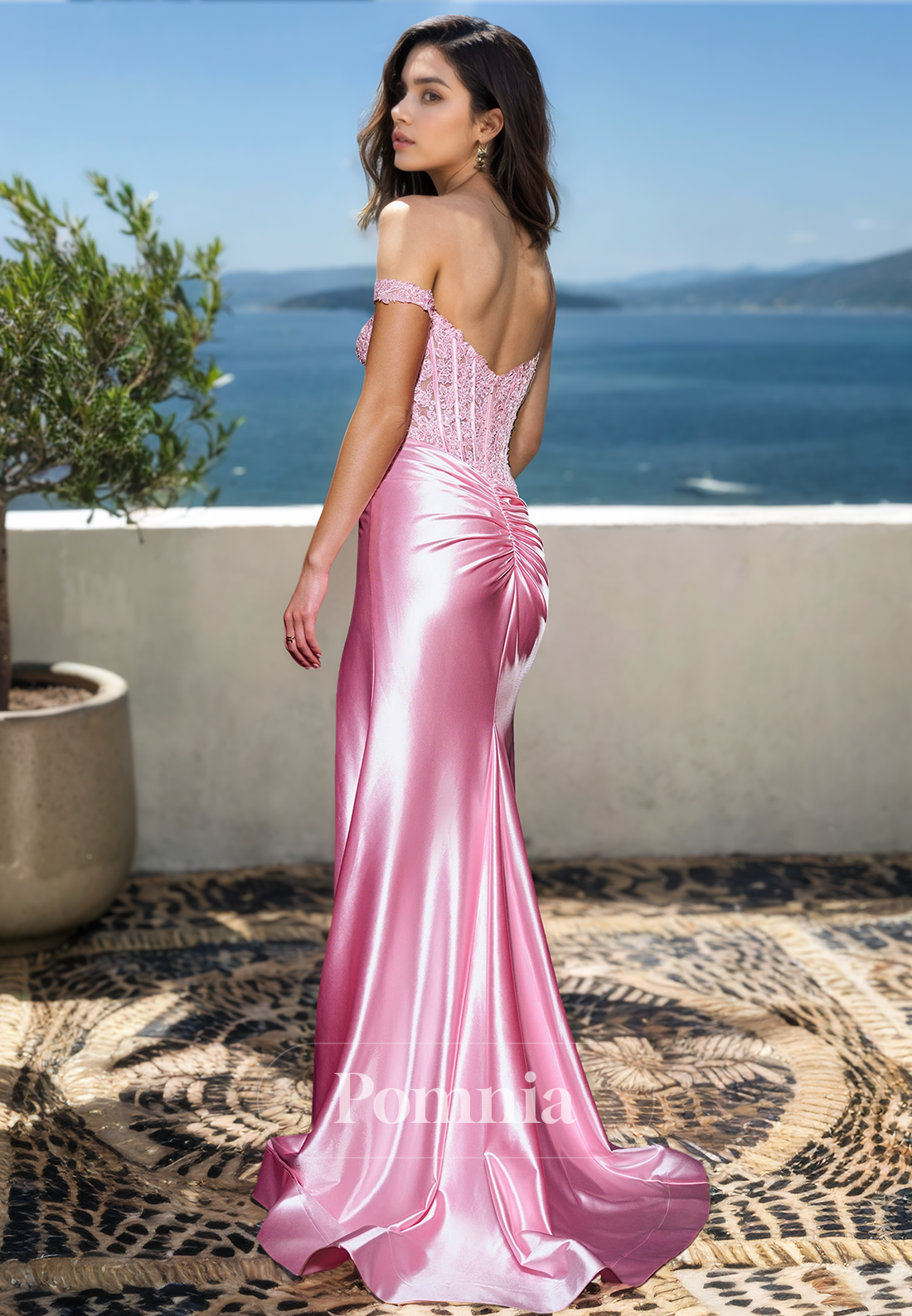 Pink Off-Shoulder Sleeveless Prom Dress with Slit Corset Ruched Evening Party Dress