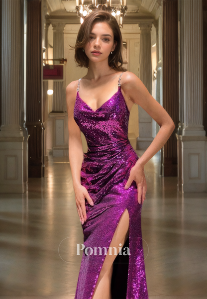 Orchid Spaghetti Straps V-Neck Prom Dress with Slit Sequins Evening Party Dress