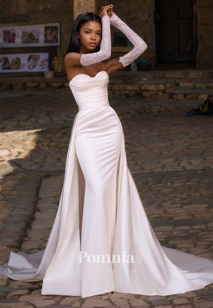 Elegant Sleeveless Strapless Empire-Waist Ruched Mermaid Satin Wedding Dress