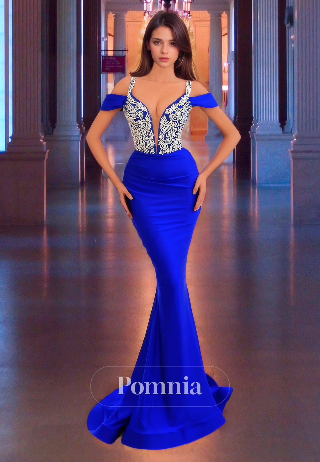 Royal Blue Cap Sleeves Illusion Floral Appliqued Floor-Length Mermaid Prom Party Dress