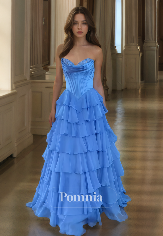 A-Line Sleeveless Strapless Prom Dress with Ruffles Tiered Evening Party Dress