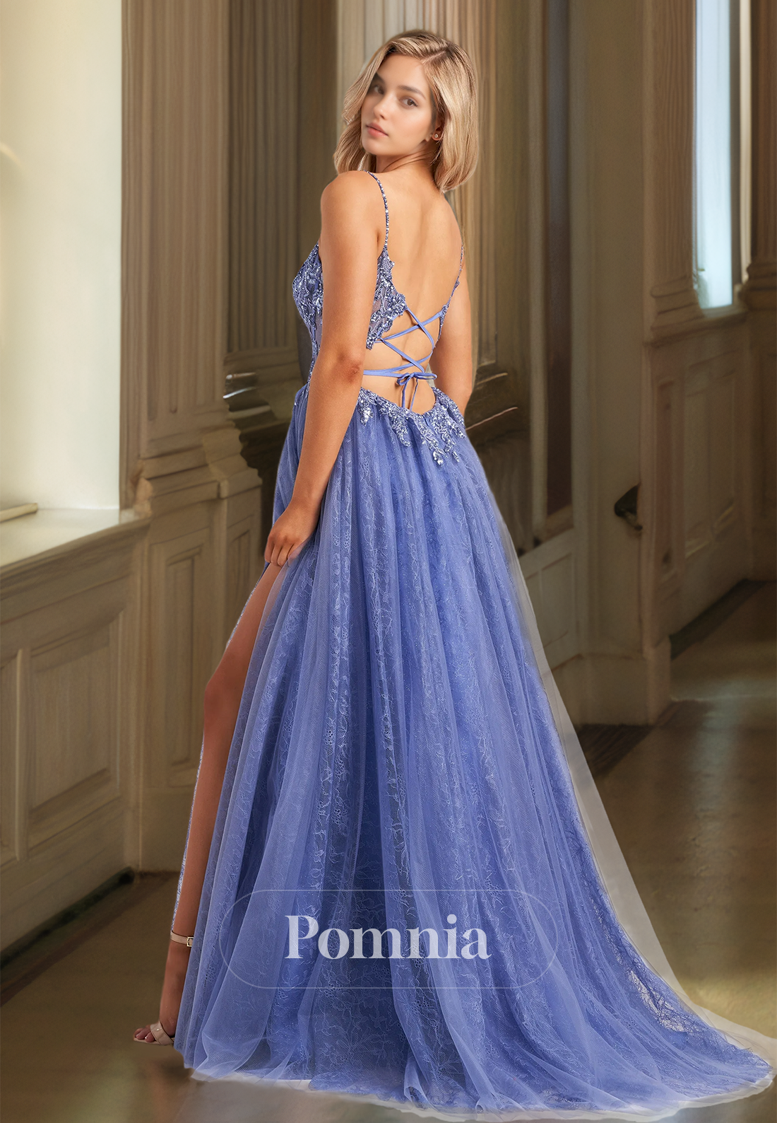 Charming A-Line Spaghetti Straps Prom Dress with Slit Corset Tulle Evening Party Dress