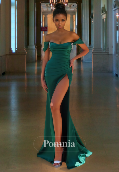 Dark Green Cap Sleeves Sweetheart Formal Evening Dress with Slit  Ruched Prom Party Dress