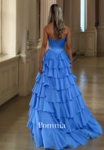 A-Line Sleeveless Strapless Prom Dress with Ruffles Tiered Evening Party Dress