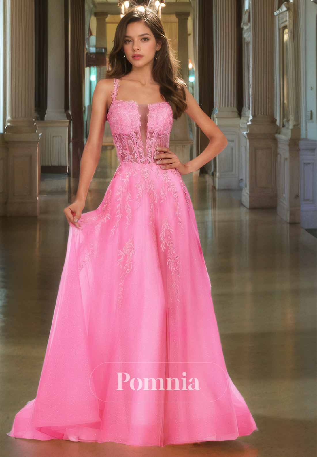 A-Line Spaghetti Straps Prom Dress with Appliques Illusion Corset Tulle Evening Party Dress