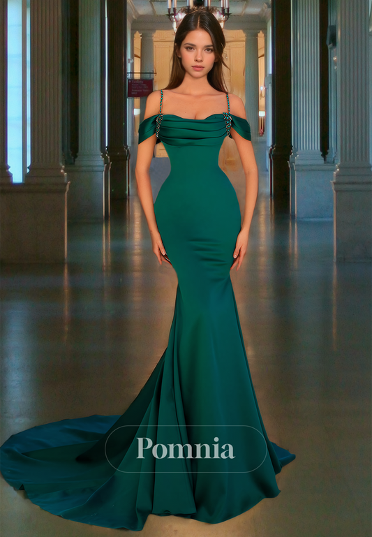 Dark Green Cap Sleeves Mermaid Formal Evening Dress with Pleats Sweep Train Prom Party Dress