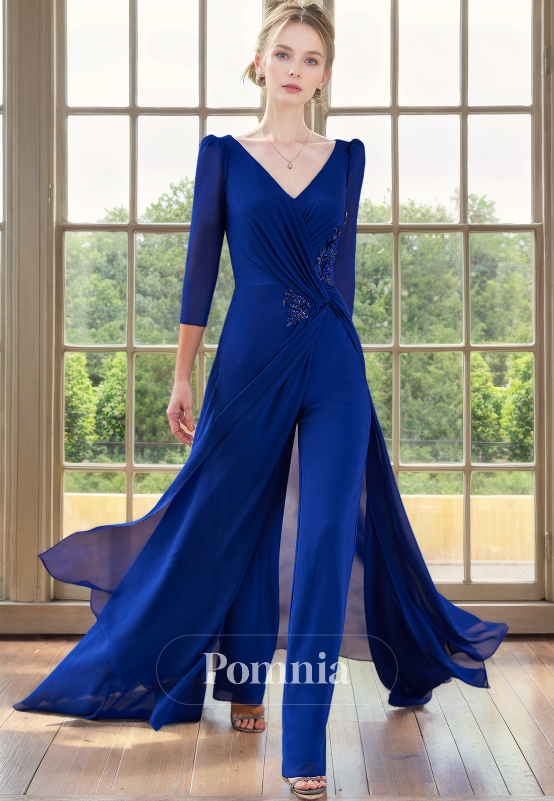 A-Line V-Neck Long Sleeves Jumpsuit Appliques Long Mother of Bride Dress