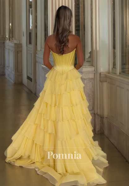 Daffodil A-Line Strapless Prom Dress with Ruffles Tiered Slit Evening Party Dress