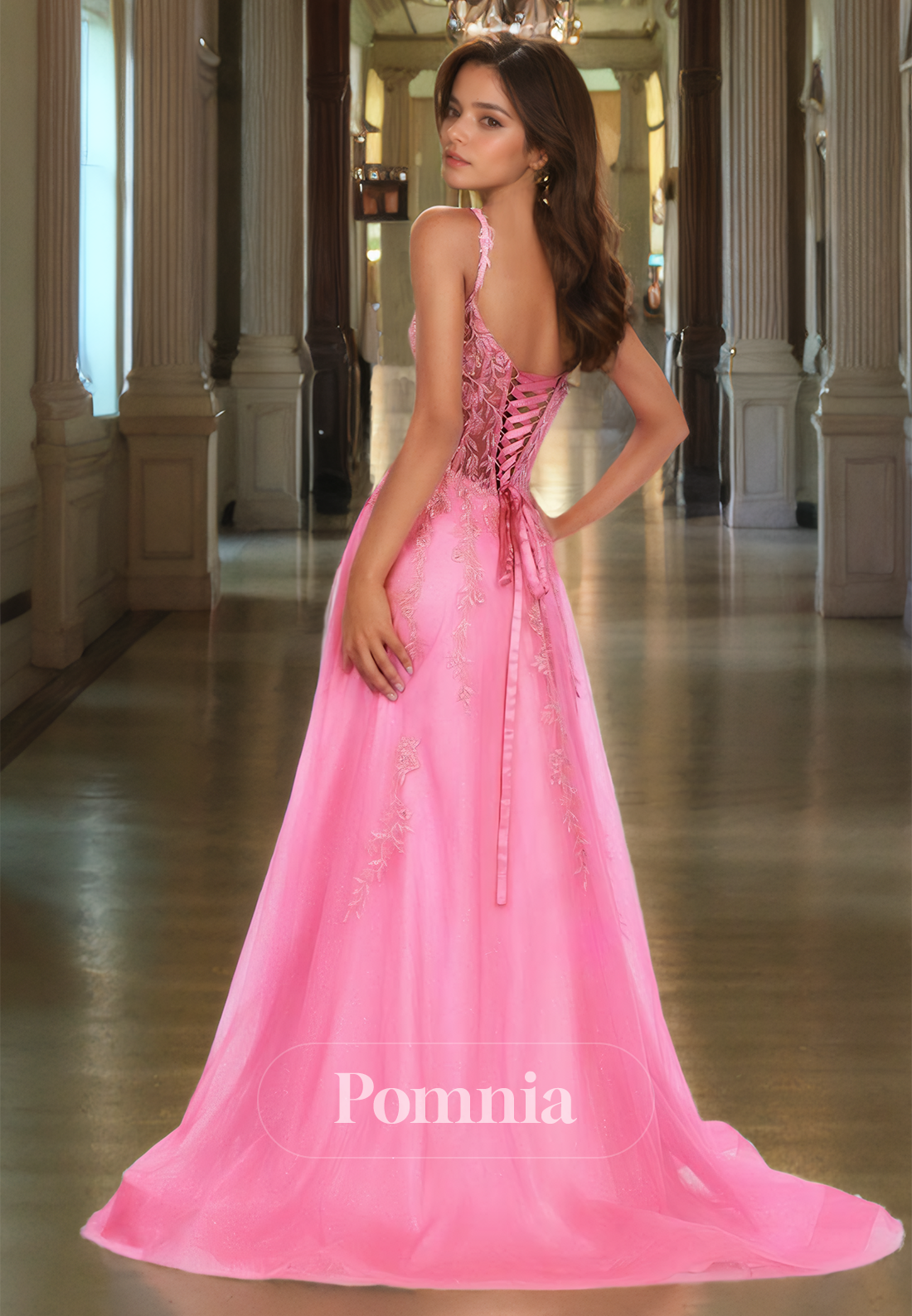 A-Line Spaghetti Straps Prom Dress with Appliques Illusion Corset Tulle Evening Party Dress