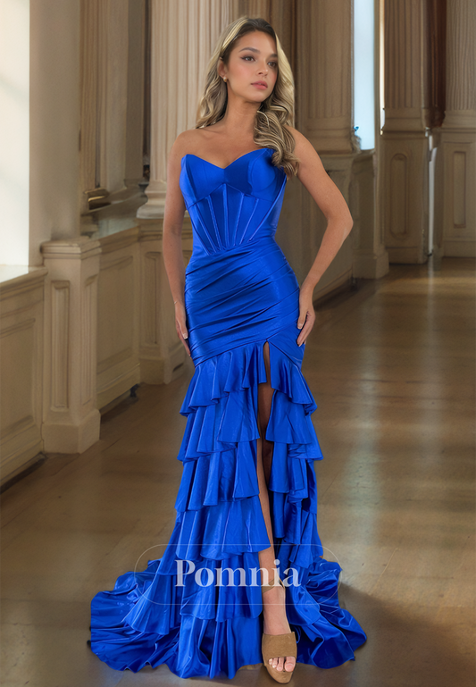 Royal Blue Strapless Sleeveless Prom Dress with Slit Ruffles Ruched Evening Party Dress