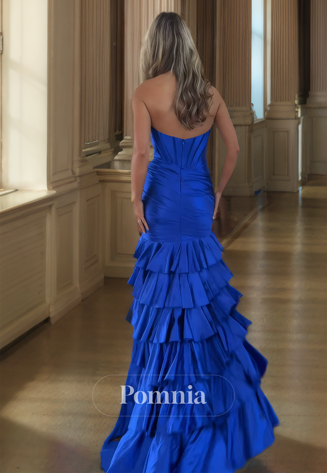 Royal Blue Strapless Sleeveless Prom Dress with Slit Ruffles Ruched Evening Party Dress