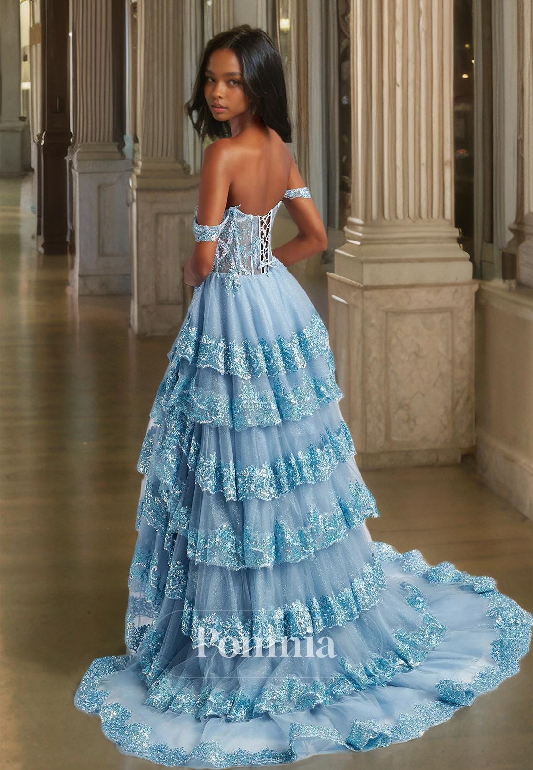 Off-Shoulder Sweetheart Corset Tulle Prom Dress with Slit Ruffles Tiered Evening Party Dress