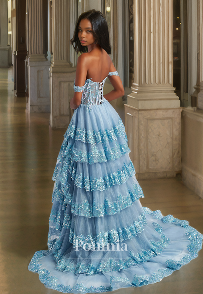 Off-Shoulder Sweetheart Corset Tulle Prom Dress with Slit Ruffles Tiered Evening Party Dress