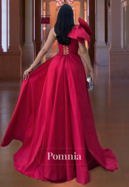 Fuchsia One Shoulder Sweep Train Formal Evening Dress with Side Slit Ruched Prom Party Dress