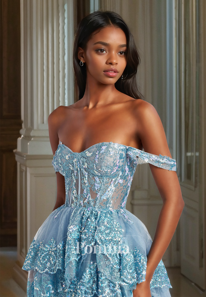 Off-Shoulder Sweetheart Corset Tulle Prom Dress with Slit Ruffles Tiered Evening Party Dress