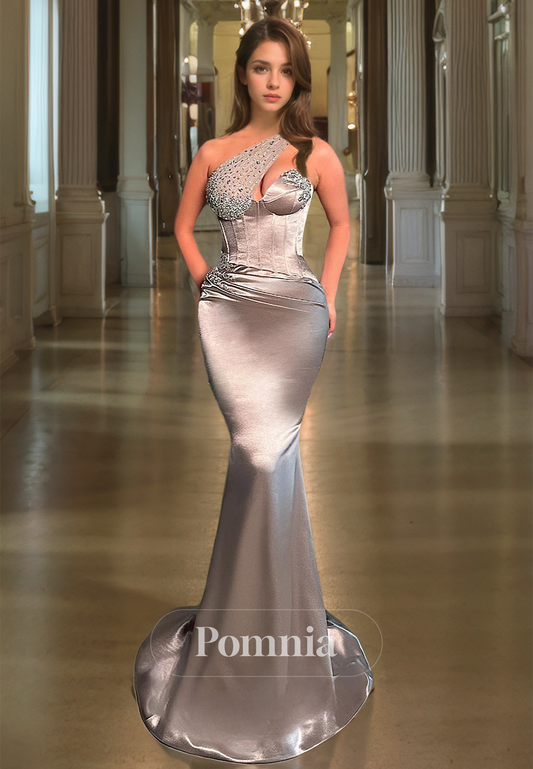 One Shoulder Sleeveless Mermaid Prom Dress with Beads Ruched Evening Party Dress