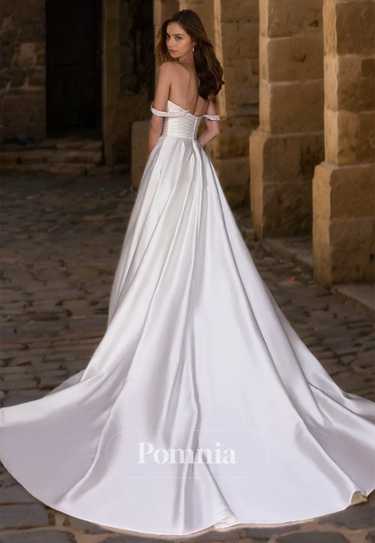 Elegant A-Line Spaghetti Straps Square Backless Satin Wedding Dress