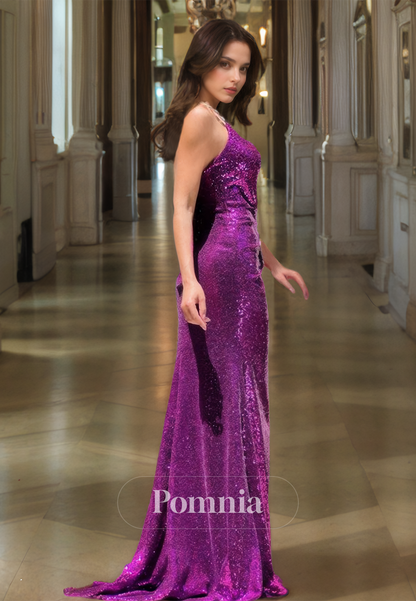 Orchid Spaghetti Straps V-Neck Prom Dress with Slit Sequins Evening Party Dress