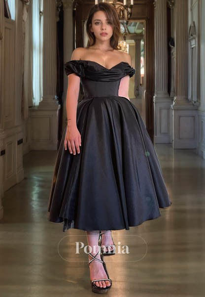 A-Line Off-Shoulder V-Neck Empire-Waist Pleated Satin Knee-Length Prom Party Dress