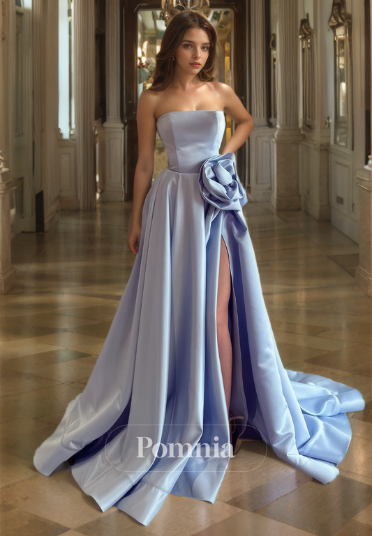 A-Line Strapless Sleeveless Appliqued Evening Dress with Side Slit Prom Party Dress