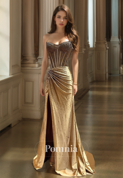 Champagne Strapless Sleeveless Prom Dress with Slit Ruched Evening Party Dress