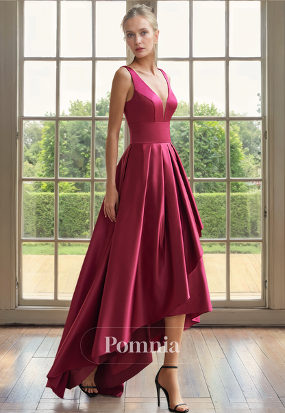 A-Line V-Neck Sleeveless Empire-Waist Satin Long Evening Formal Dress