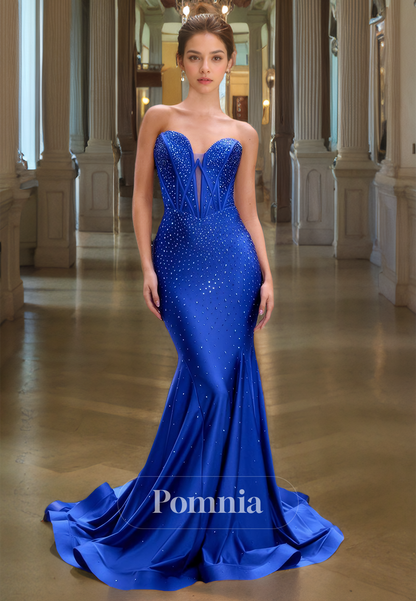 Strapless Sleeveless Mermaid Prom Dress with Train Backless Evening Party Dress