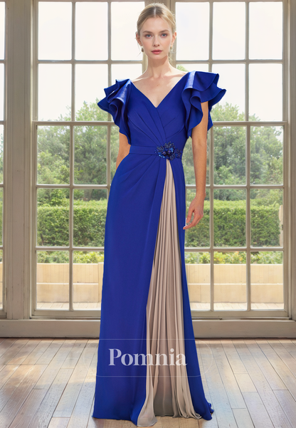 A-Line V-Neck Sleeveless Pleated Ruched Beaded Long Mother of Bride Dress