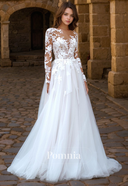 P3138 - A-Line Empire-Waist Lace Appliques Long Sleeves Tulle Bohemian Wedding Dress