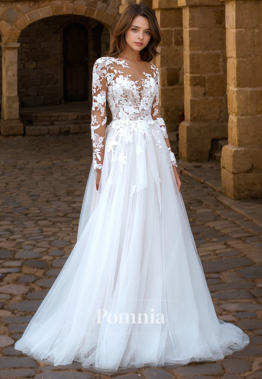 P3138 - A-Line Empire-Waist Lace Appliques Long Sleeves Tulle Bohemian Wedding Dress