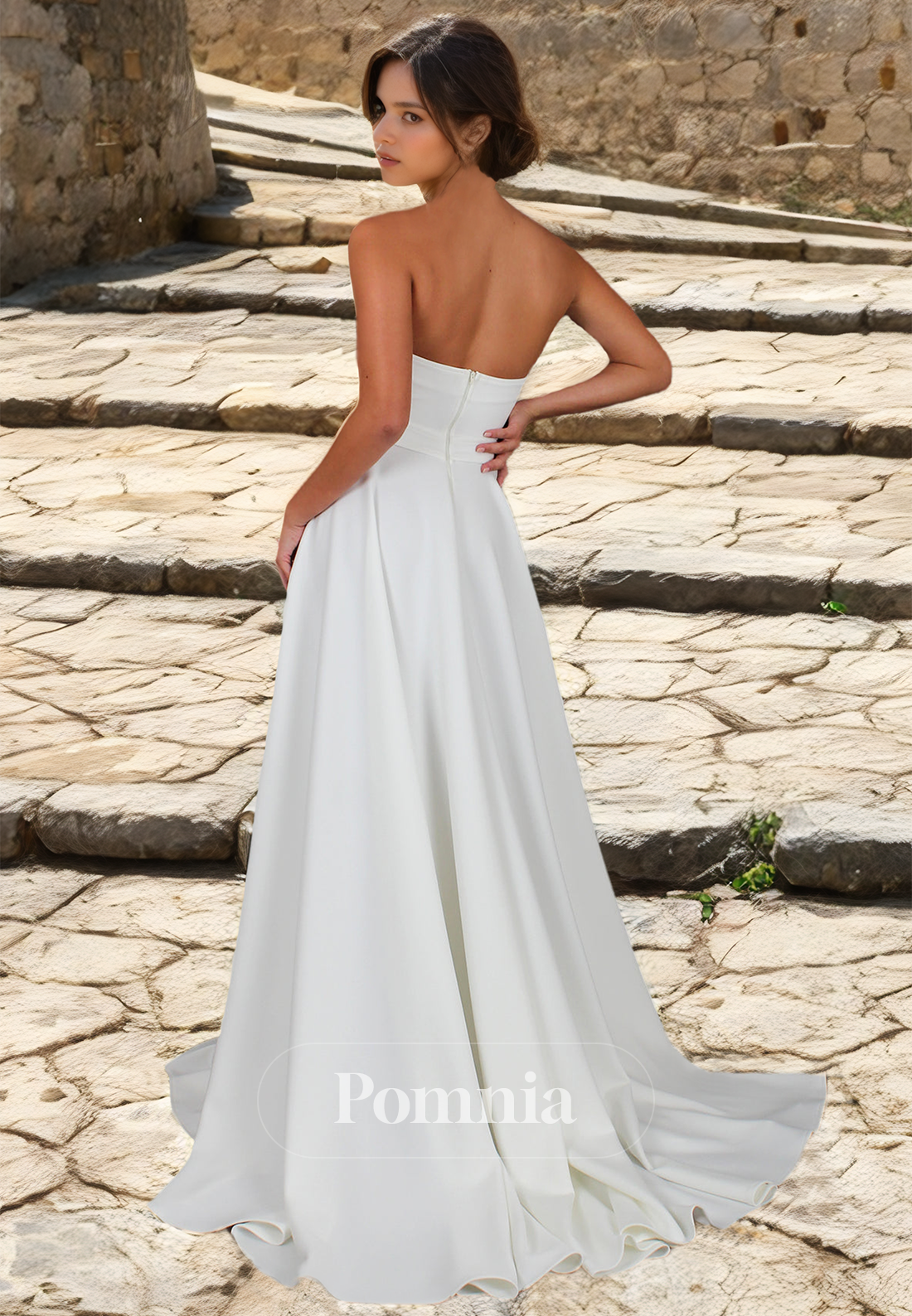 A-Line Strapless Sleeveless Side Slit Ruched Satin Wedding Dress