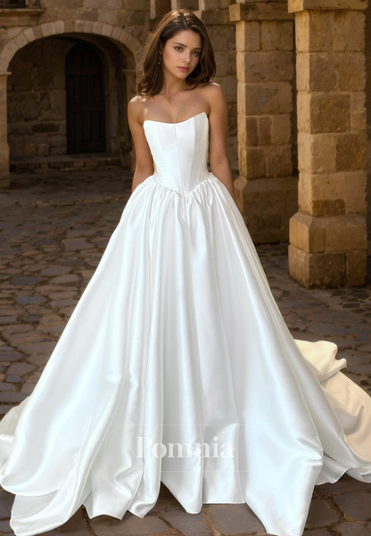 A-Line Strapless Scoop Empire-Waist Sleeveless Satin Long Beach Wedding Dress