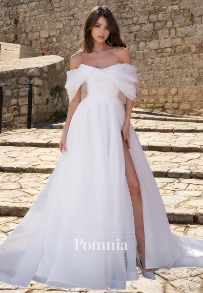 A-Line Empire-Waist Cap Sleeves High Slit V-Neck Long Beach Wedding Dress