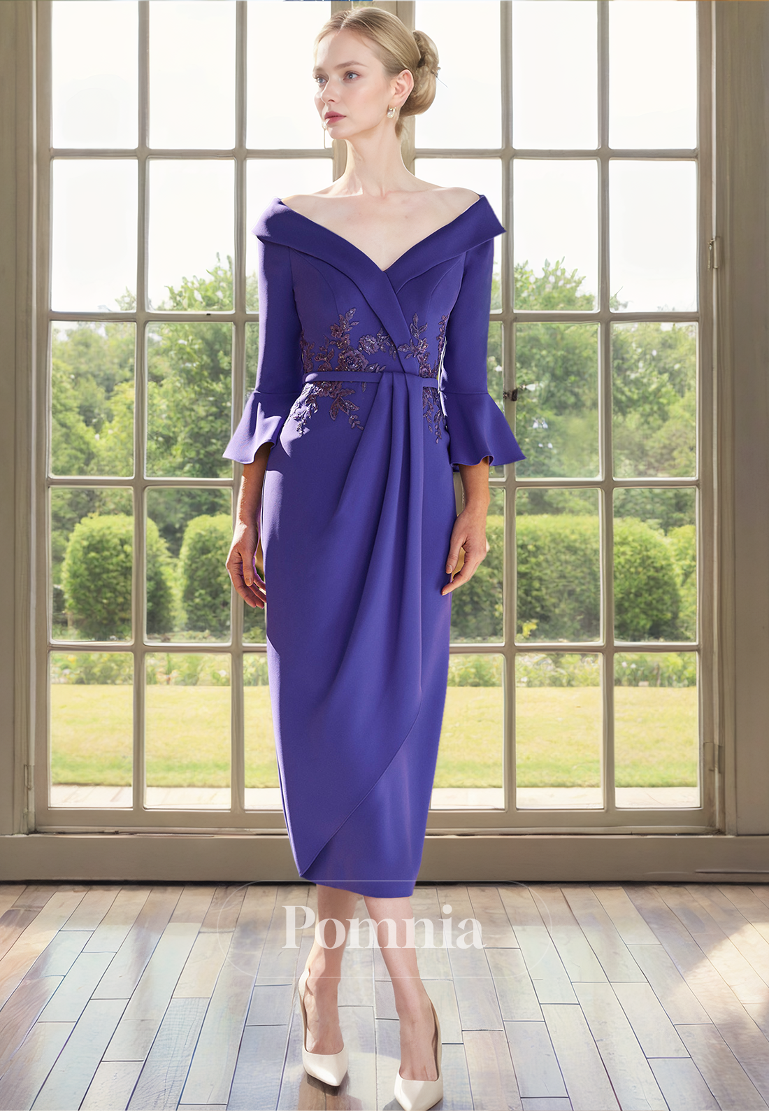 Strapless V-Neck Long Sleeves Appliques Satin Sheath/Column Mother of Bride Dress