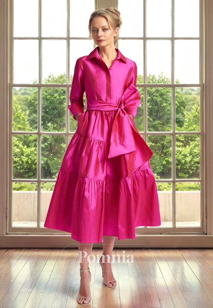 A-Line Long Sleeves Empire-Waist Satin Pleated Long Mother of Bride Dress