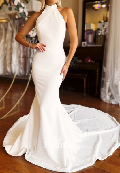 Halter Sleeveless Backless Sweep Train Wedding Dress