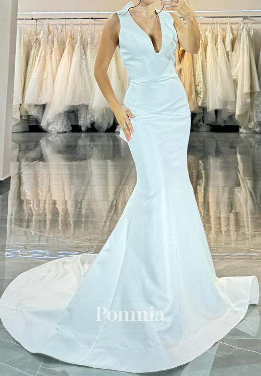 Halter Sleeveless Bowknot Backless Mermaid Wedding Dress