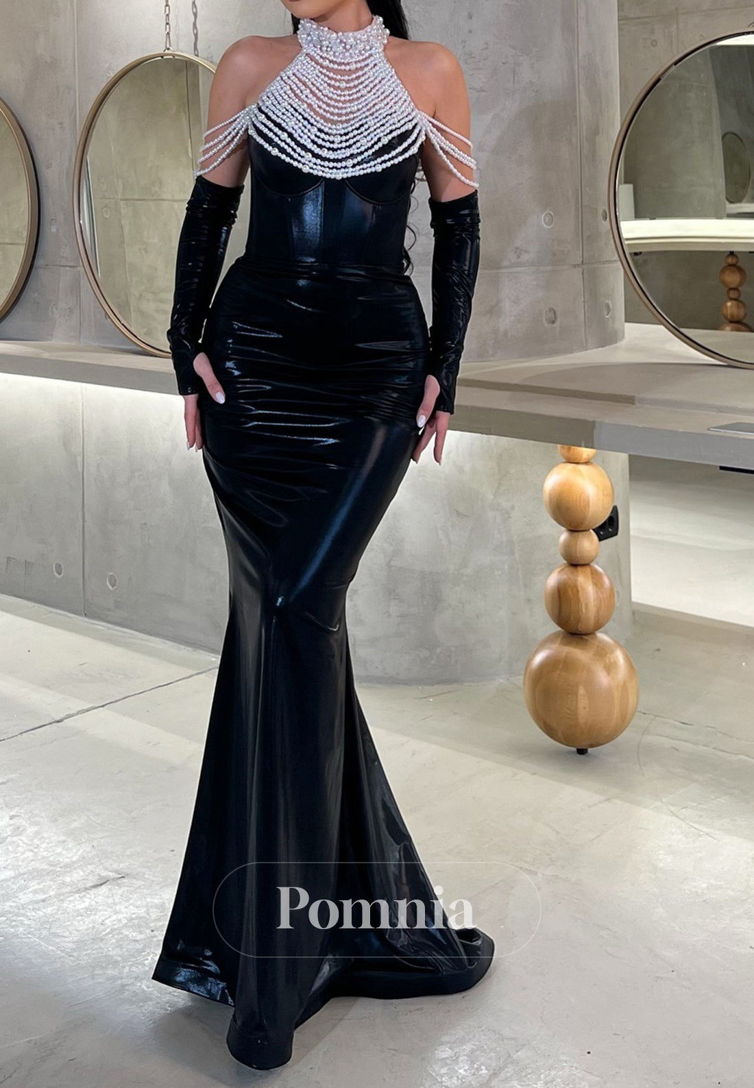 High Neck Sleeveless Pearls Sheath Corset Evening Dress