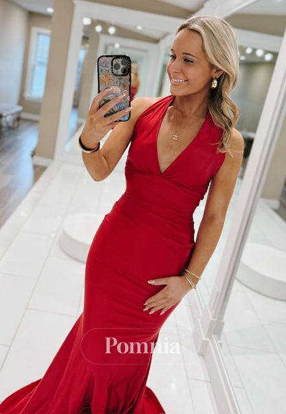 Red Halter Sleeveless Prom Dress with Train Backless Evening Party Dress