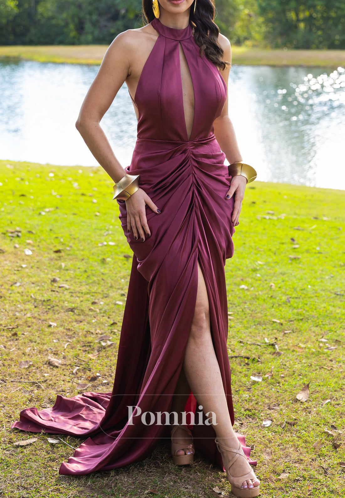 Halter Sleeveless Ruched Slit Backless Mother of the Bride Dress