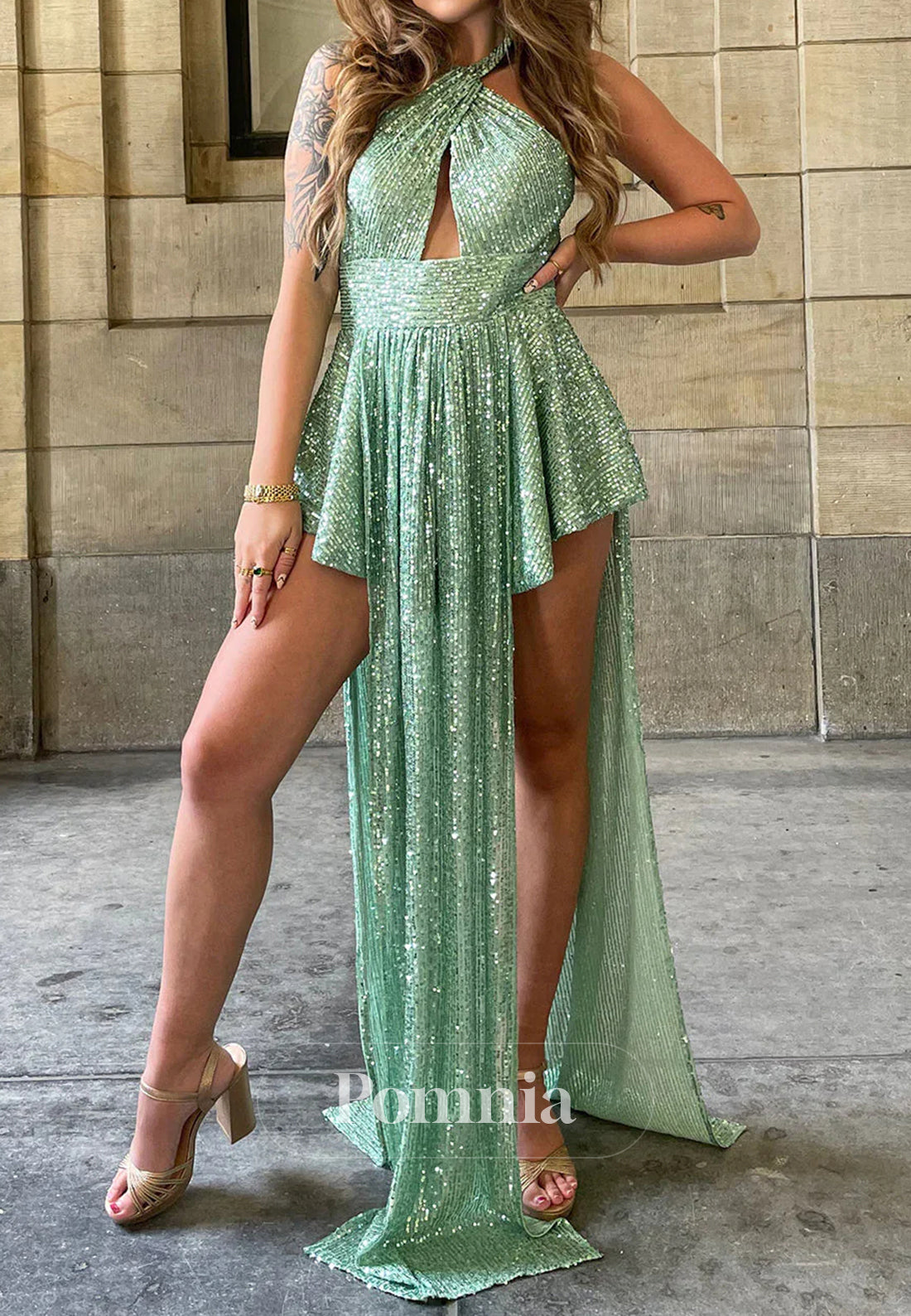 High Low Halter Green Long Prom Dress with Keyhole