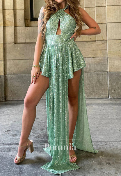 High Low Halter Green Long Prom Dress with Keyhole