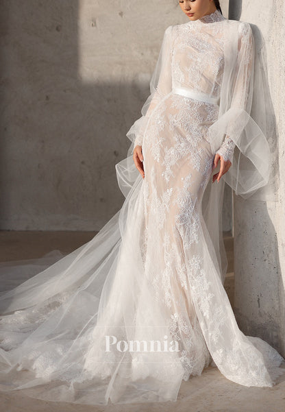 High Neck Long Sleeves Empire-Waist Appliques Lace Wedding Dress