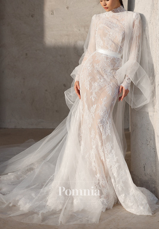 High Neck Long Sleeves Empire-Waist Appliques Lace Wedding Dress