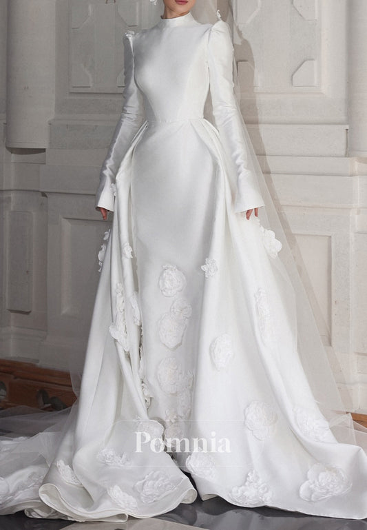 High Neck Long Sleeves Floral Appliques Wedding Dress