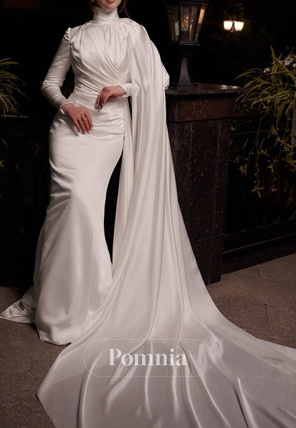 High Neck Long Sleeves Ruched Sheath Satin Wedding Dress